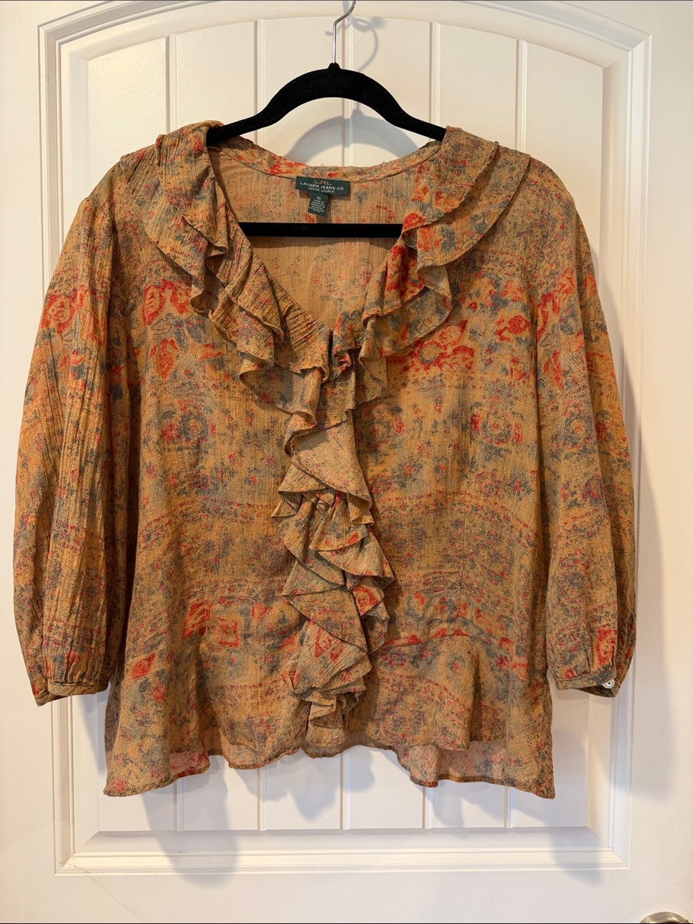 Lauren Ralph Lauren Peach-Tan Floral Ruffle Blouse